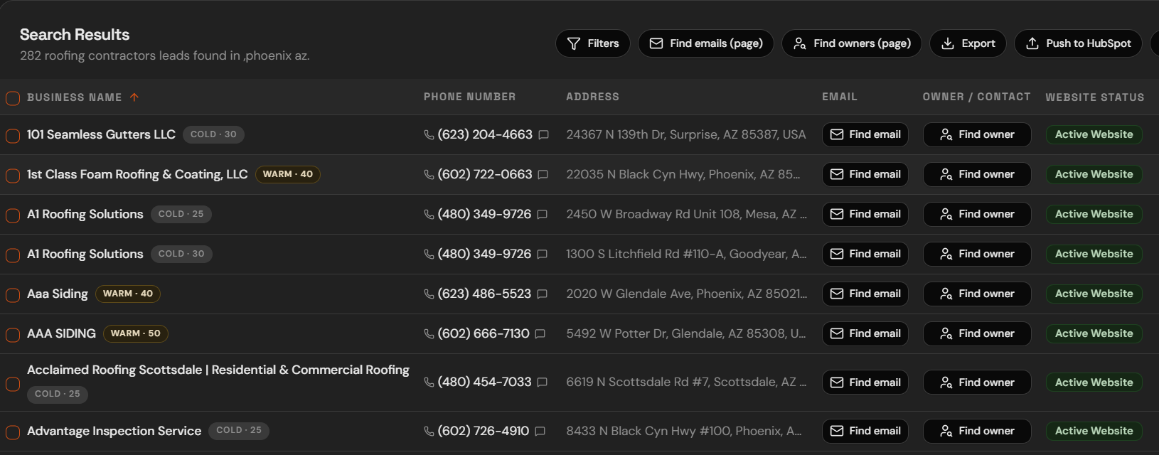 BizLeads search results dashboard showing 282 verified roofing contractor leads with filters, export, and CRM push actions
